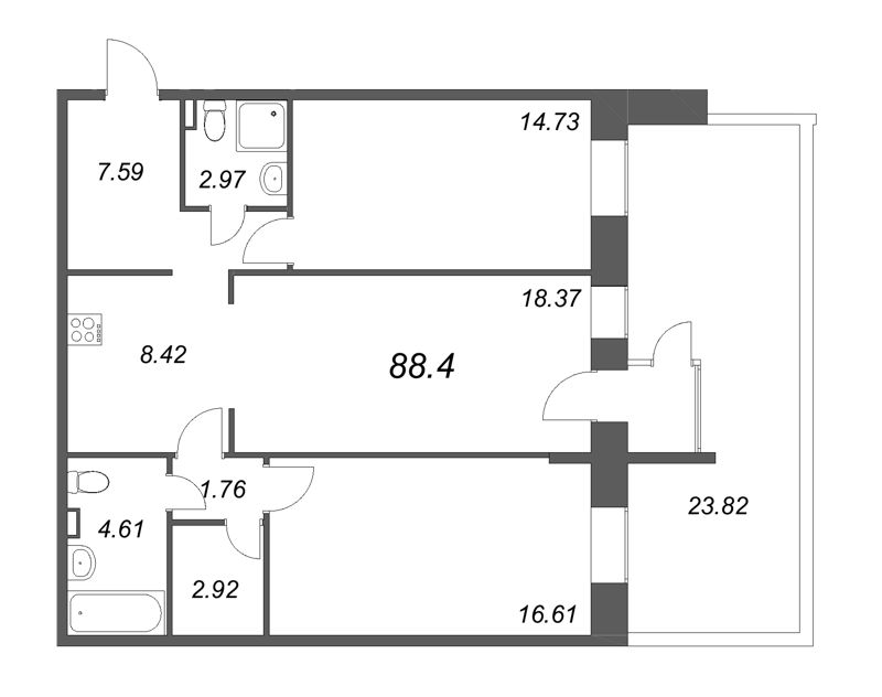 3-комнатная (Евро) квартира, 88.4 м² в ЖК "VEREN VILLAGE стрельна" - планировка, фото №1