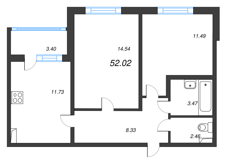 2-комнатная квартира, 52.02 м² в ЖК "Любоград" - планировка, фото №1