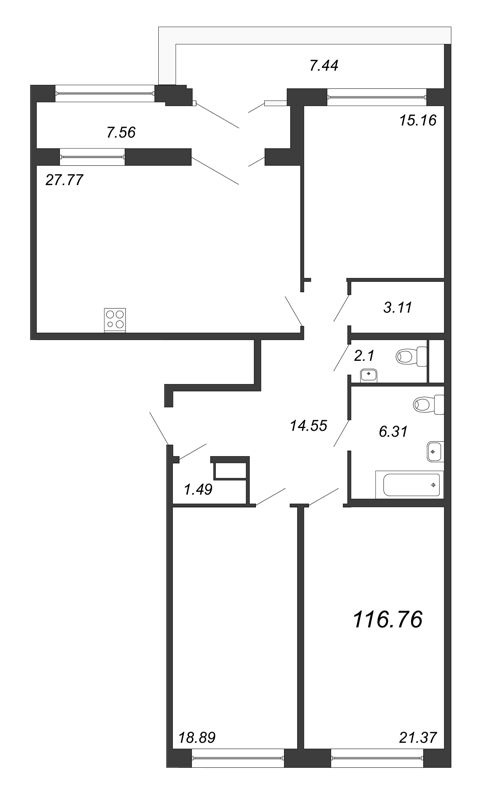 4-комнатная (Евро) квартира, 117.4 м² - планировка, фото №1