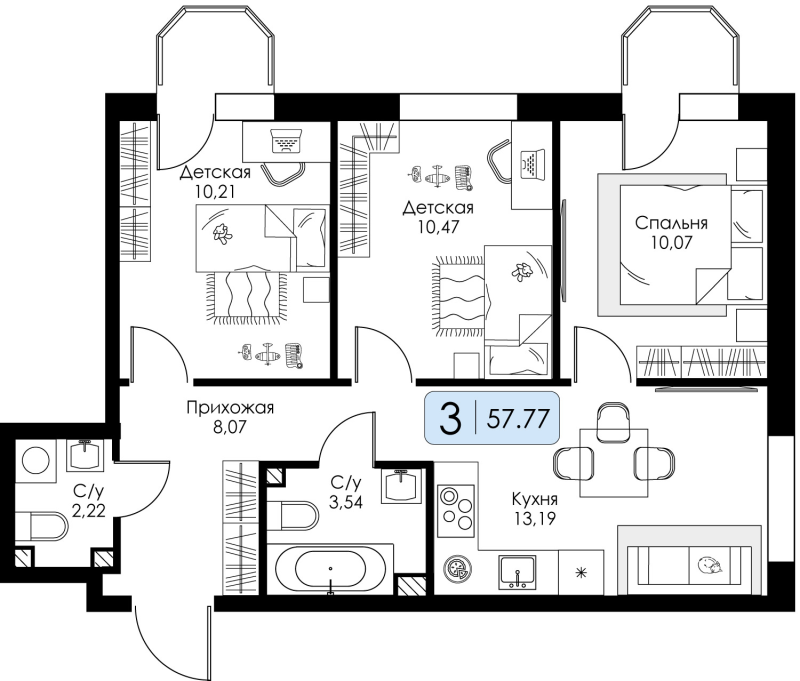 3-комнатная квартира, 57.77 м² в ЖК "Всевгород" - планировка, фото №1