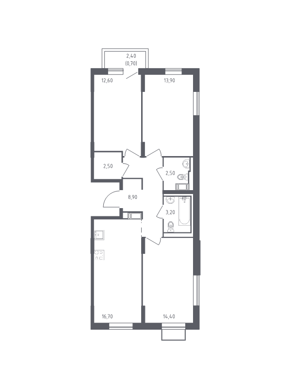 4-комнатная (Евро) квартира, 75.4 м² в ЖК "Курортный Квартал" - планировка, фото №1