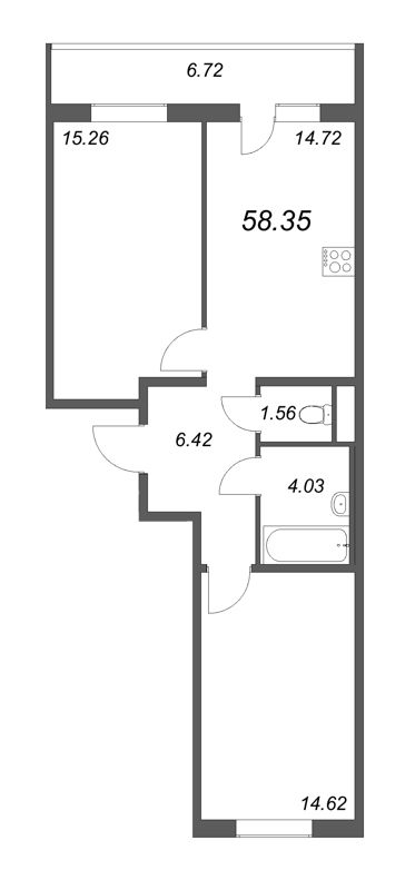 2-комнатная квартира, 58.35 м² - планировка, фото №1
