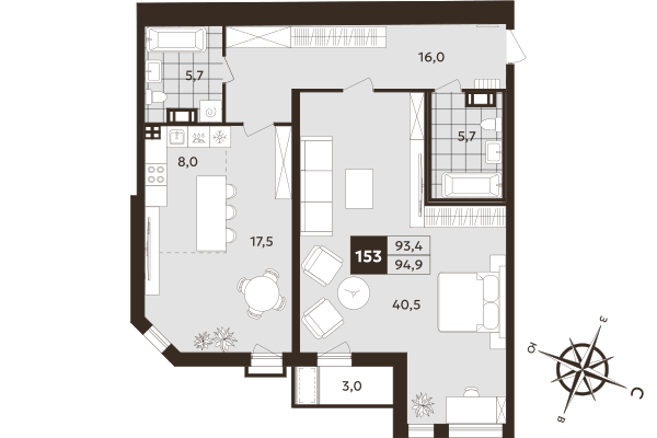 2-комнатная (Евро) квартира, 93.4 м² в ЖК "Дом на Бронницкой" - планировка, фото №1