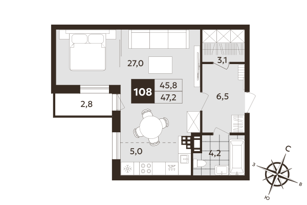 Квартира-студия, 45.8 м² в ЖК "Дом на Бронницкой" - планировка, фото №1