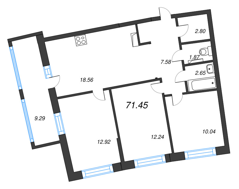 4-комнатная (Евро) квартира, 71.45 м² в ЖК "Аквилон Riva" - планировка, фото №1
