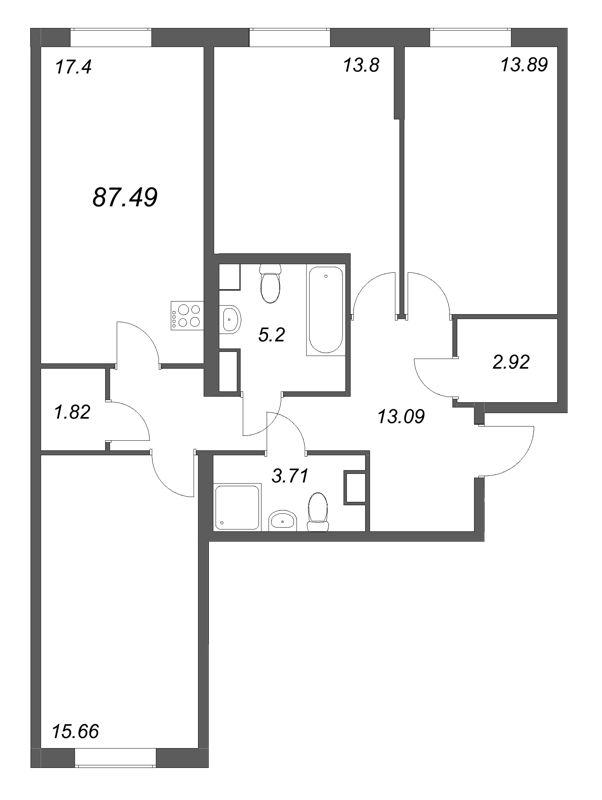 4-комнатная (Евро) квартира, 87.49 м² в ЖК "Кинопарк" - планировка, фото №1