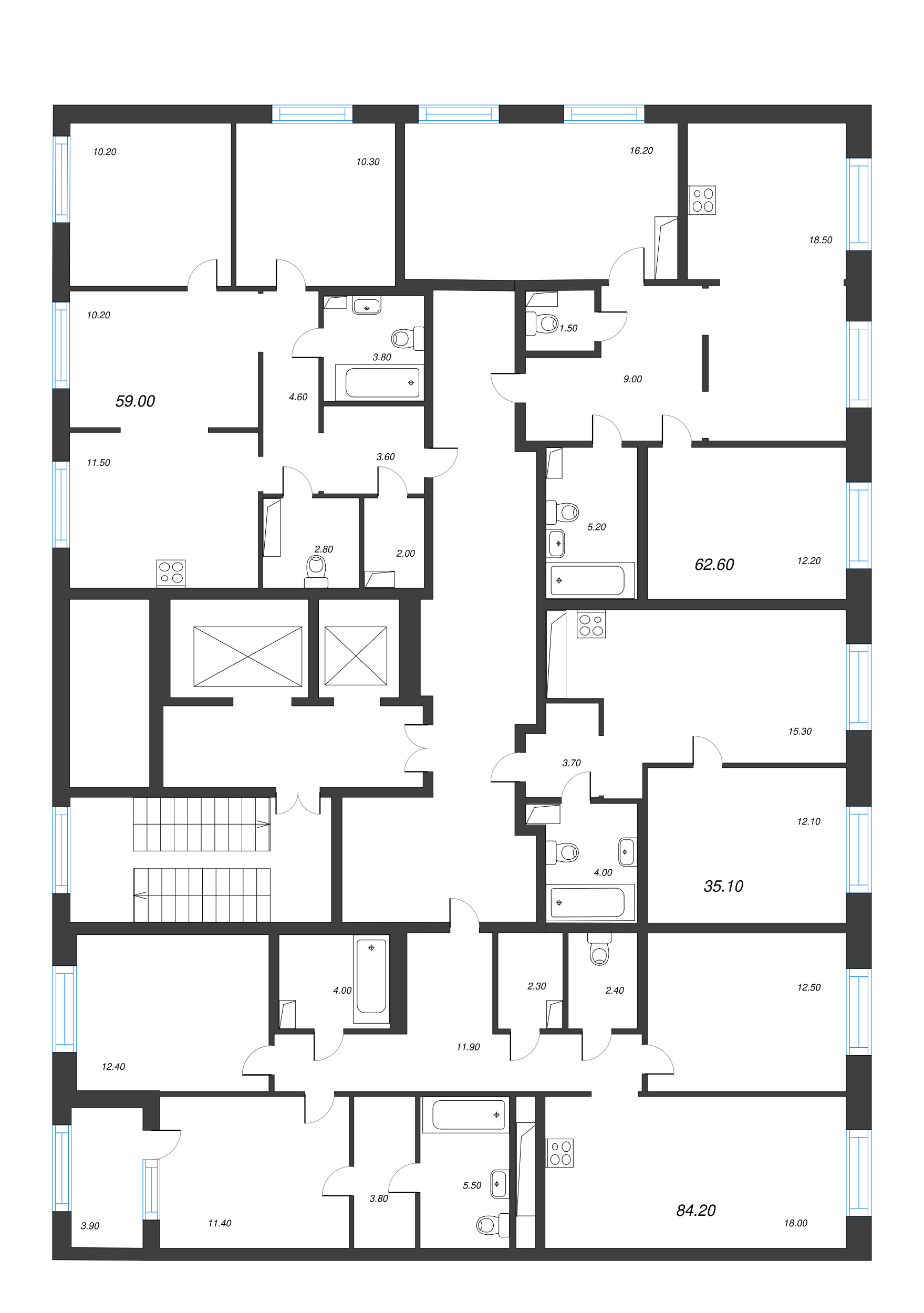 4-комнатная (Евро) квартира, 84.2 м² в ЖК "Струны" - планировка этажа