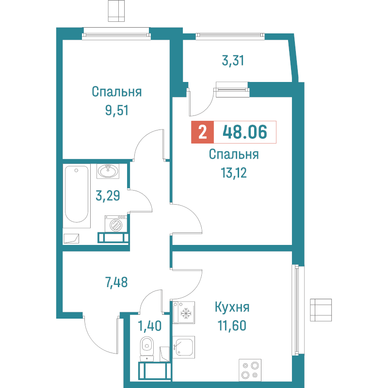 2-комнатная квартира, 48.06 м² - планировка, фото №1