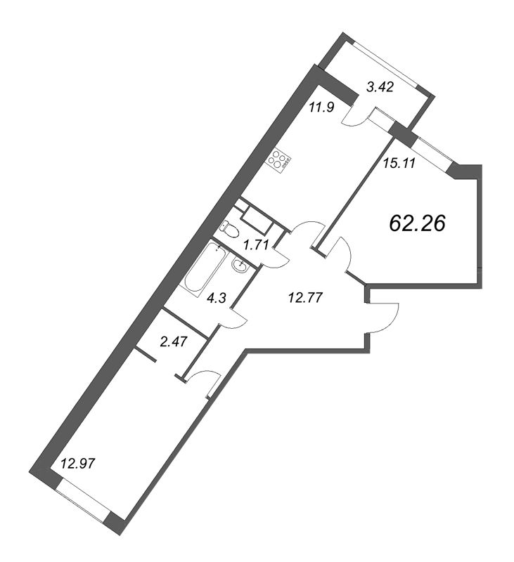 2-комнатная квартира, 62.26 м² - планировка, фото №1