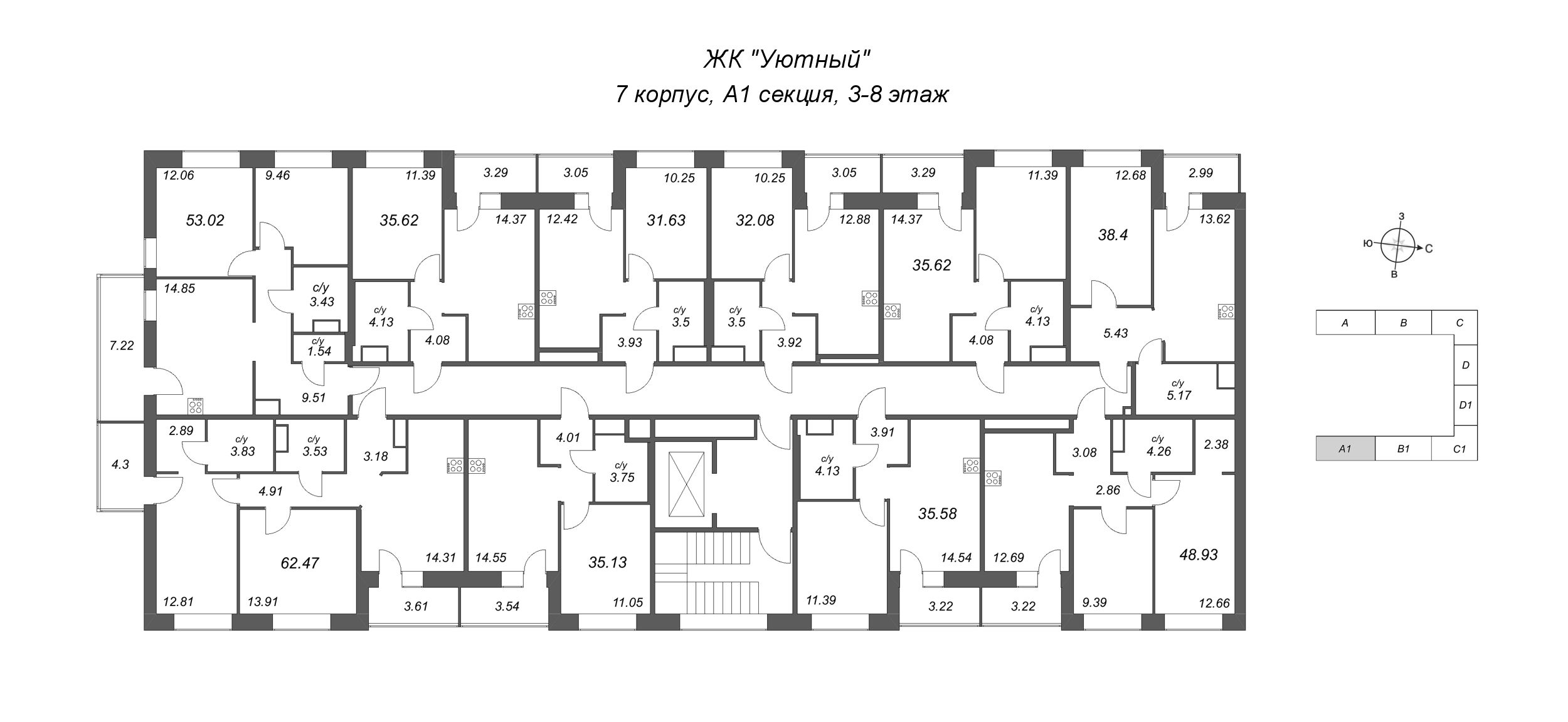 1-комнатная квартира, 31.63 м² в ЖК "Уютный" - планировка этажа