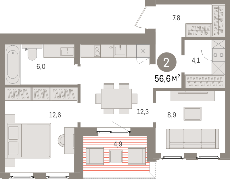 2-комнатная квартира, 56.6 м² в ЖК "Брусника в Новоселье" - планировка, фото №1