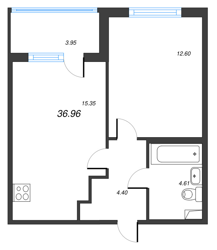 2-комнатная (Евро) квартира, 36.96 м² в ЖК "ЮгТаун" - планировка, фото №1