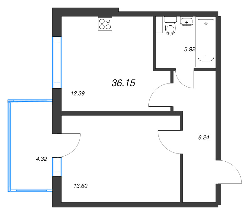 1-комнатная квартира, 36.15 м² в ЖК "Любоград" - планировка, фото №1