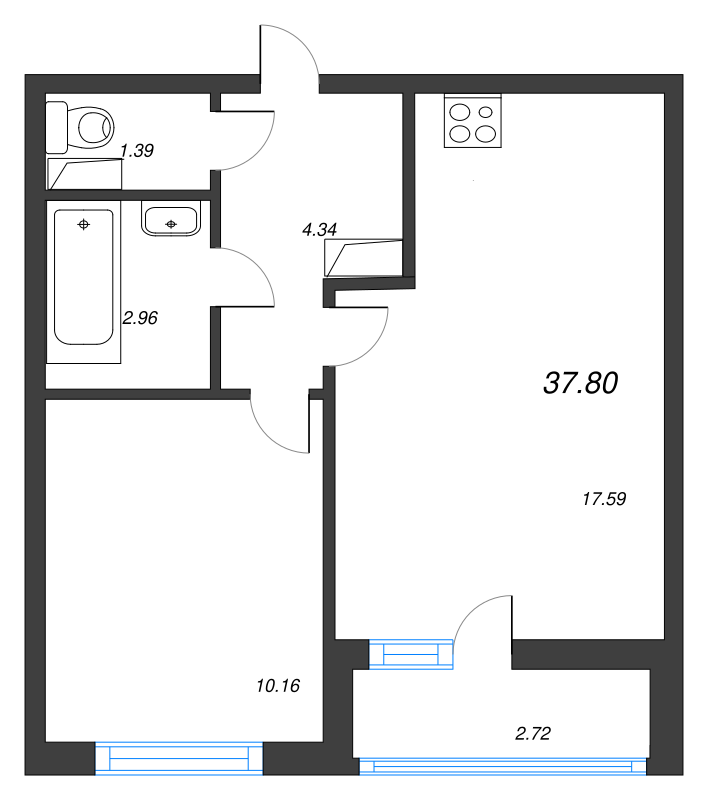 2-комнатная (Евро) квартира, 37.8 м² - планировка, фото №1