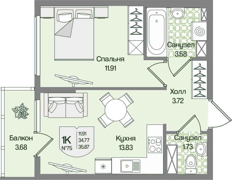 1-комнатная квартира, 35.87 м² в ЖК "Охтинские высоты" - планировка, фото №1