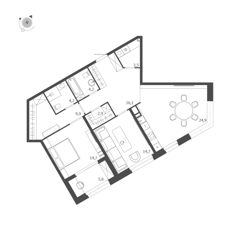 3-комнатная (Евро) квартира, 97.9 м² в ЖК "ЛДМ" - планировка, фото №1