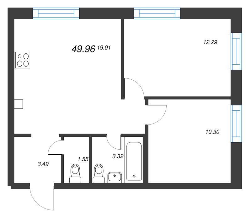 3-комнатная (Евро) квартира, 49.96 м² - планировка, фото №1