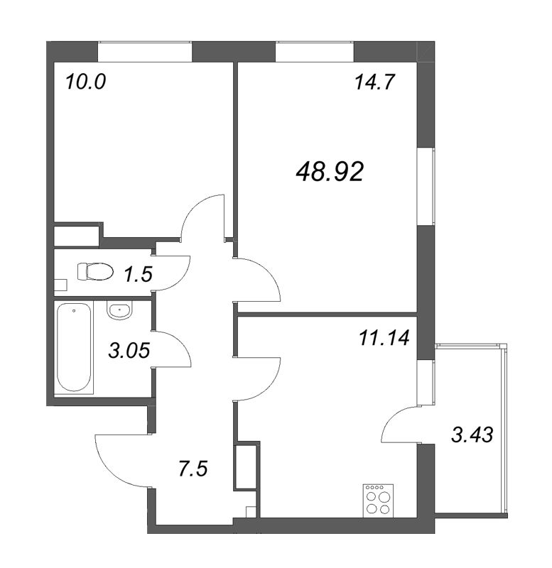 2-комнатная квартира, 48.92 м² в ЖК "Аквилон Янино" - планировка, фото №1