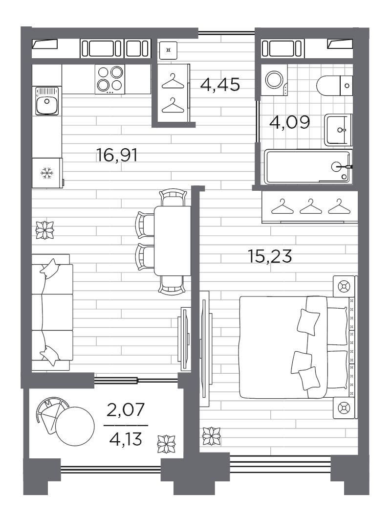 2-комнатная (Евро) квартира, 42.75 м² в ЖК "Ассамблея" - планировка, фото №1