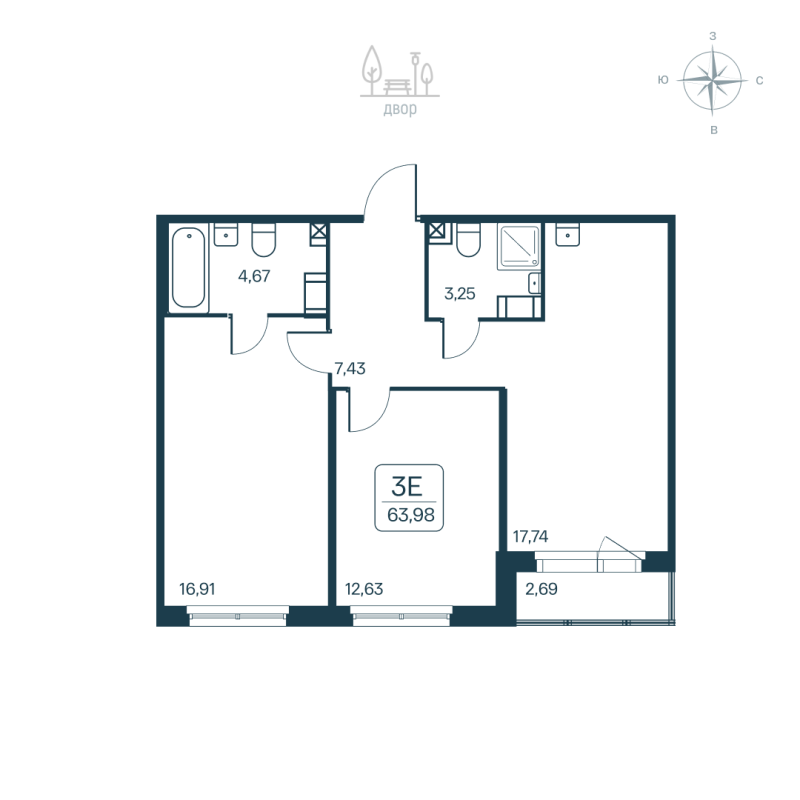 3-комнатная (Евро) квартира, 63.98 м² в ЖК "Расцветай в Янино" - планировка, фото №1