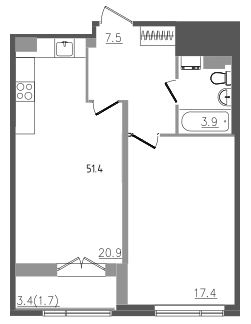 2-комнатная (Евро) квартира, 51.4 м² - планировка, фото №1