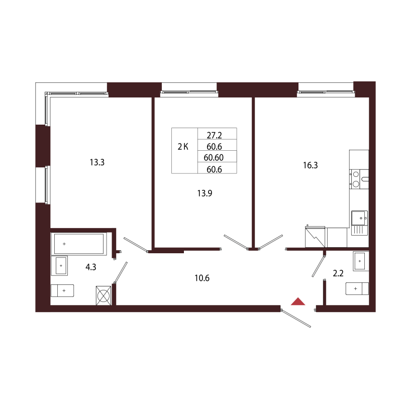 3-комнатная (Евро) квартира, 60.6 м² в ЖК "Лисино" - планировка, фото №1