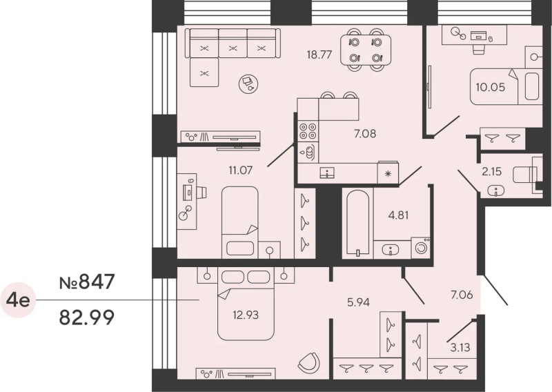 4-комнатная (Евро) квартира, 82.99 м² в ЖК "Bashni Element" - планировка, фото №1