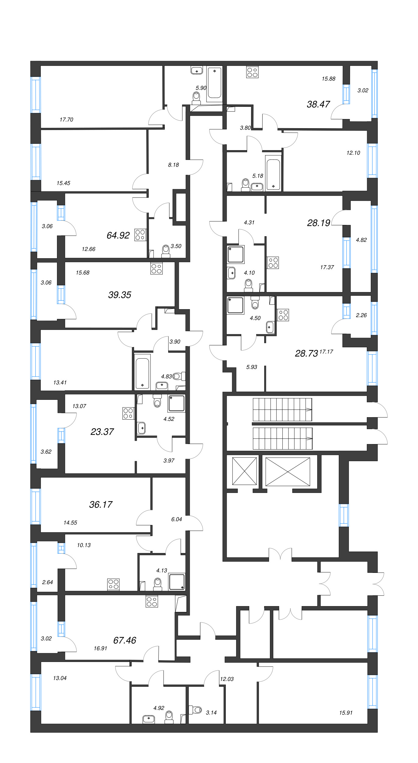 3-комнатная (Евро) квартира, 67.46 м² - планировка этажа