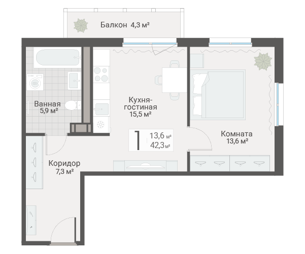 2-комнатная (Евро) квартира, 42.3 м² в ЖК "Руднева 15" - планировка, фото №1