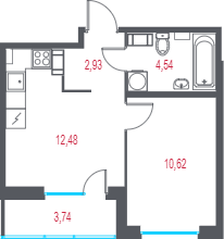 1-комнатная квартира, 32.44 м² - планировка, фото №1