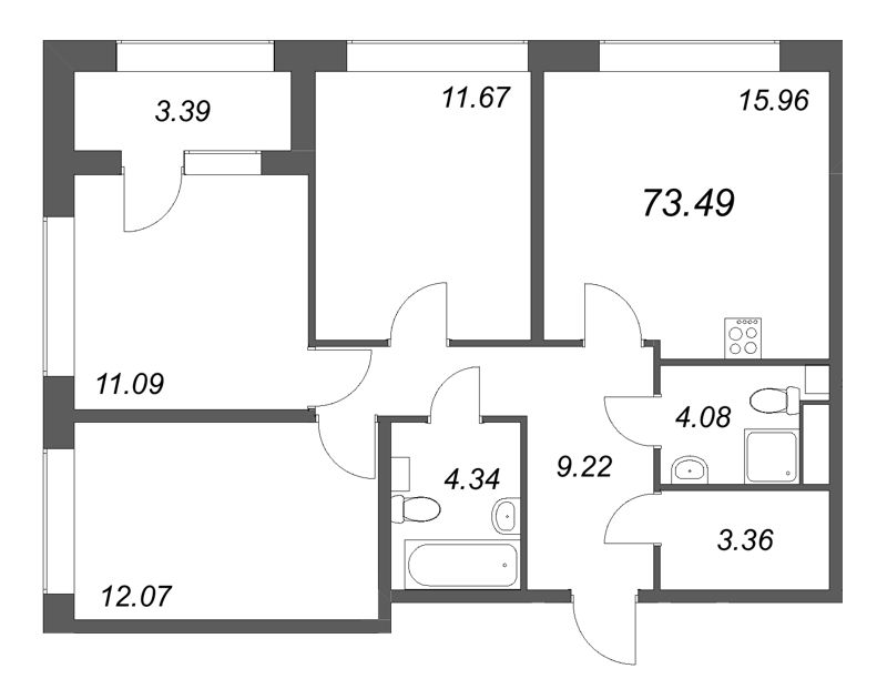 4-комнатная (Евро) квартира, 73.49 м² в ЖК "Аурум" - планировка, фото №1