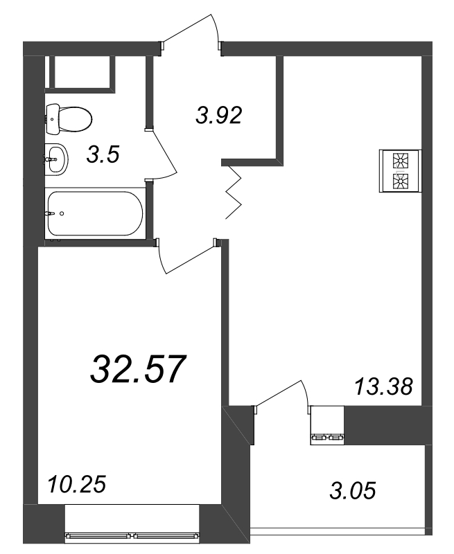 1-комнатная квартира, 32.57 м² - планировка, фото №1