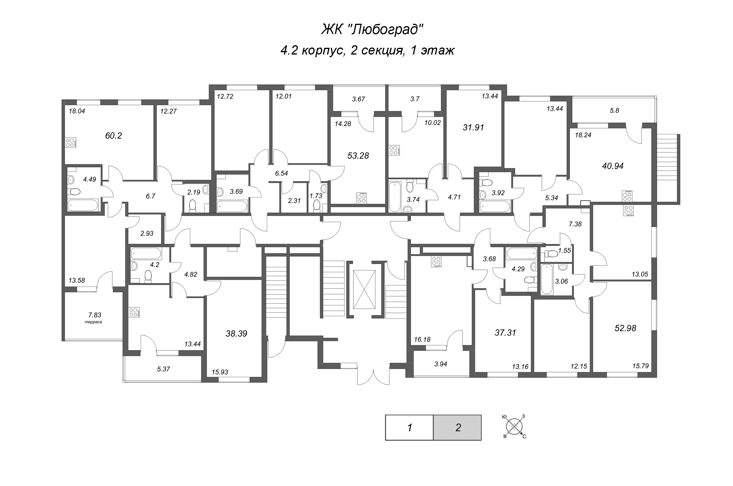 2-комнатная квартира, 53.28 м² в ЖК "Любоград" - планировка этажа