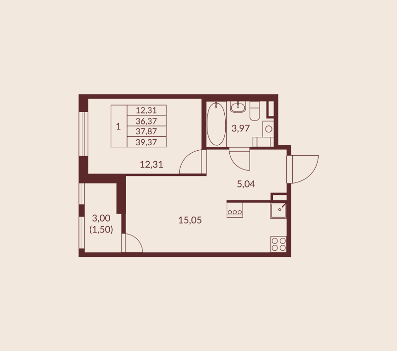 2-комнатная (Евро) квартира, 37.87 м² в ЖК "Амурино" - планировка, фото №1