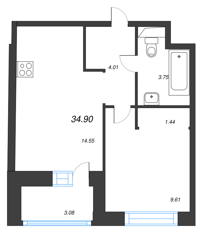1-комнатная квартира, 34.9 м² в ЖК "Уютный" - планировка, фото №1