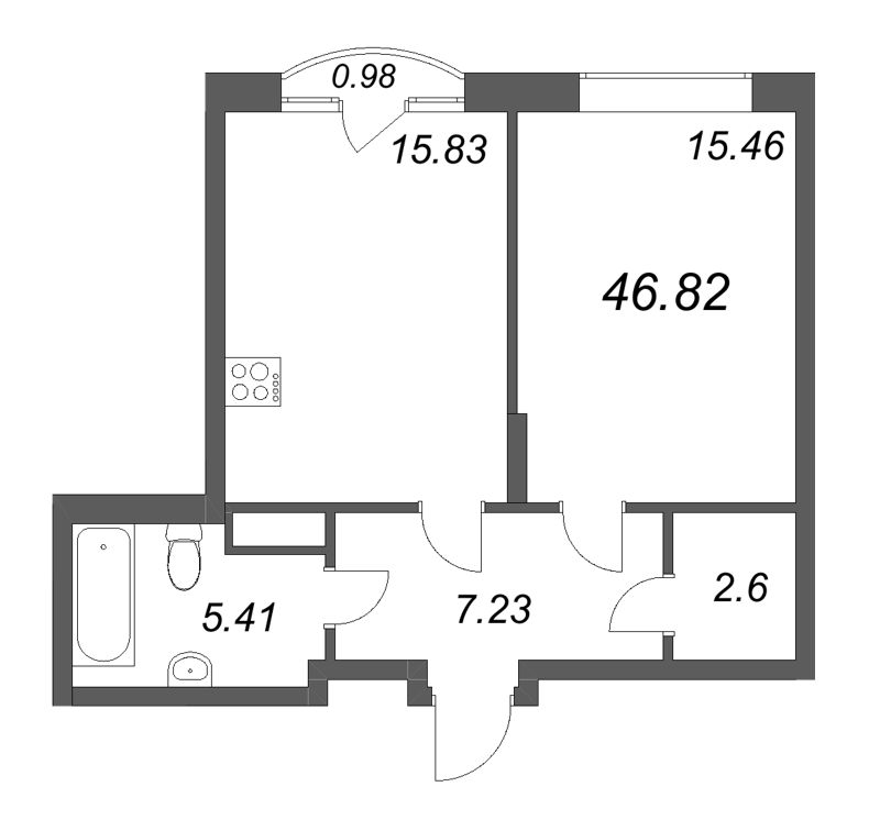 2-комнатная (Евро) квартира, 46.82 м² в ЖК "MONODOM-ART" - планировка, фото №1