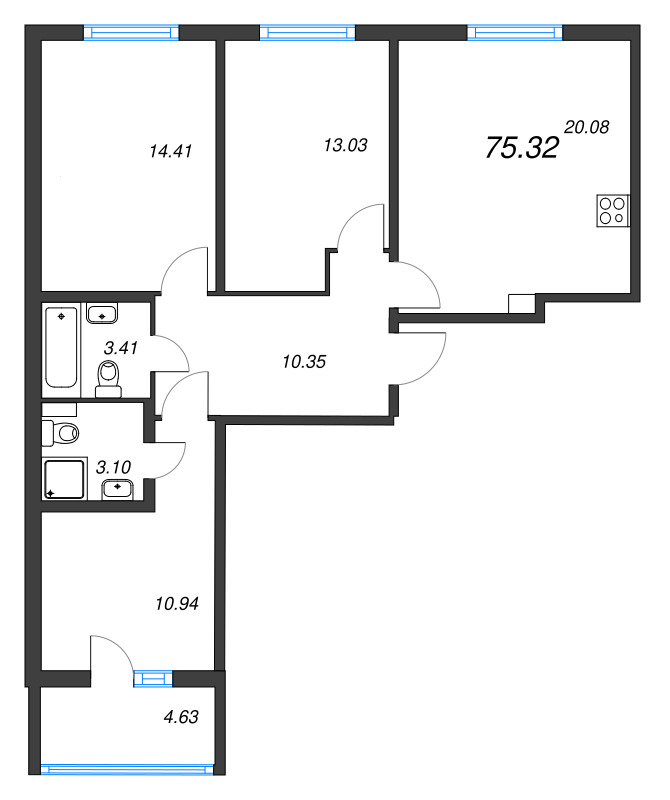4-комнатная (Евро) квартира, 75.32 м² - планировка, фото №1
