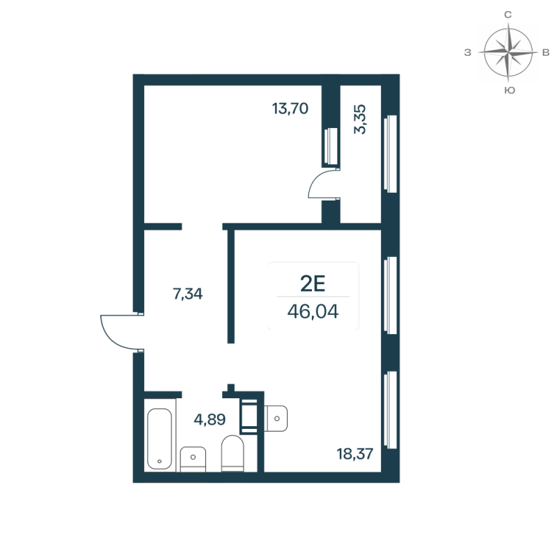 2-комнатная (Евро) квартира, 45.57 м² - планировка, фото №1