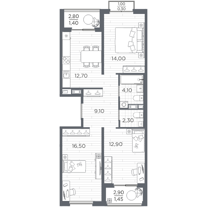 3-комнатная квартира, 75.7 м² в ЖК "Плюс Пулковский" - планировка, фото №1