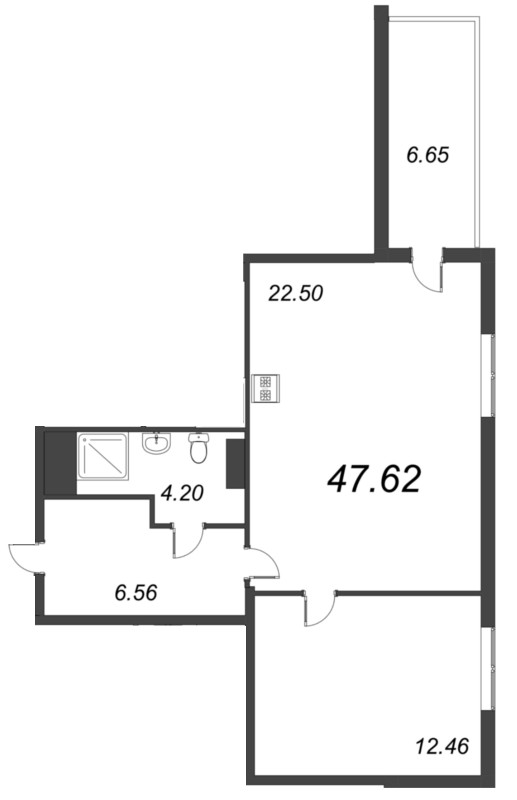 2-комнатная (Евро) квартира, 47.62 м² - планировка, фото №1