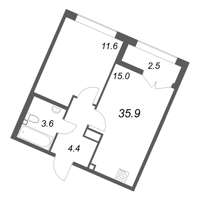 2-комнатная (Евро) квартира, 35.9 м² - планировка, фото №1