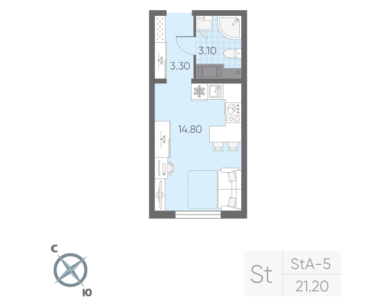 Квартира-студия, 21.2 м² в ЖК "Ручьи" - планировка, фото №1