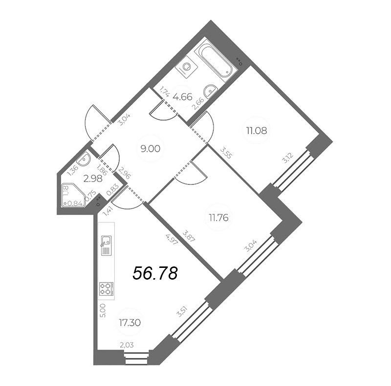 3-комнатная (Евро) квартира, 56.78 м² - планировка, фото №1