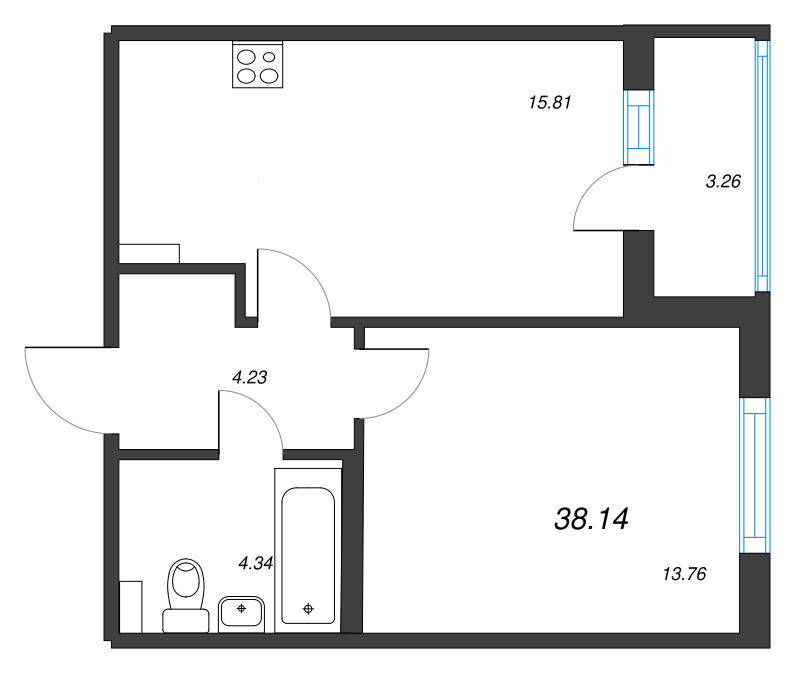 2-комнатная (Евро) квартира, 38.14 м² в ЖК "Любоград" - планировка, фото №1