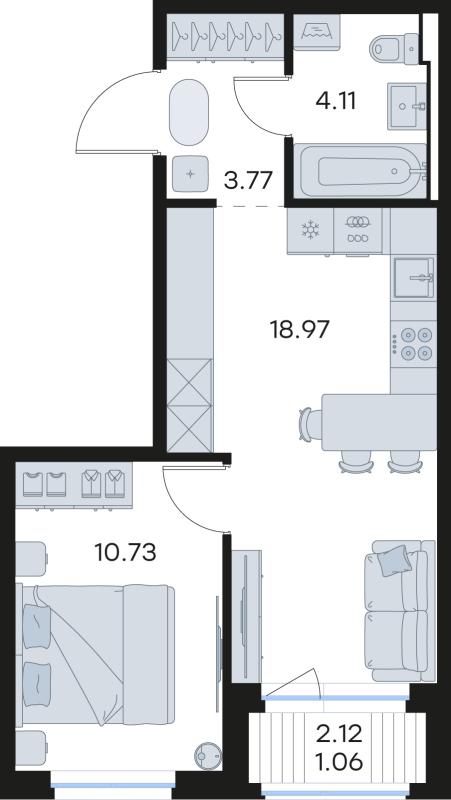 2-комнатная (Евро) квартира, 38.64 м² в ЖК "GloraX Новоселье" - планировка, фото №1