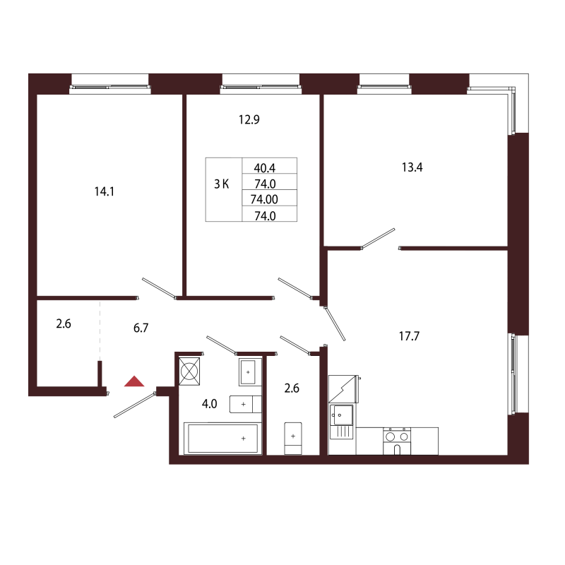 4-комнатная (Евро) квартира, 74 м² в ЖК "Лисино" - планировка, фото №1