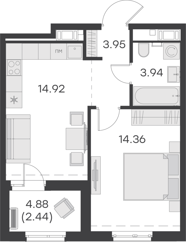 1-комнатная квартира, 39.61 м² - планировка, фото №1