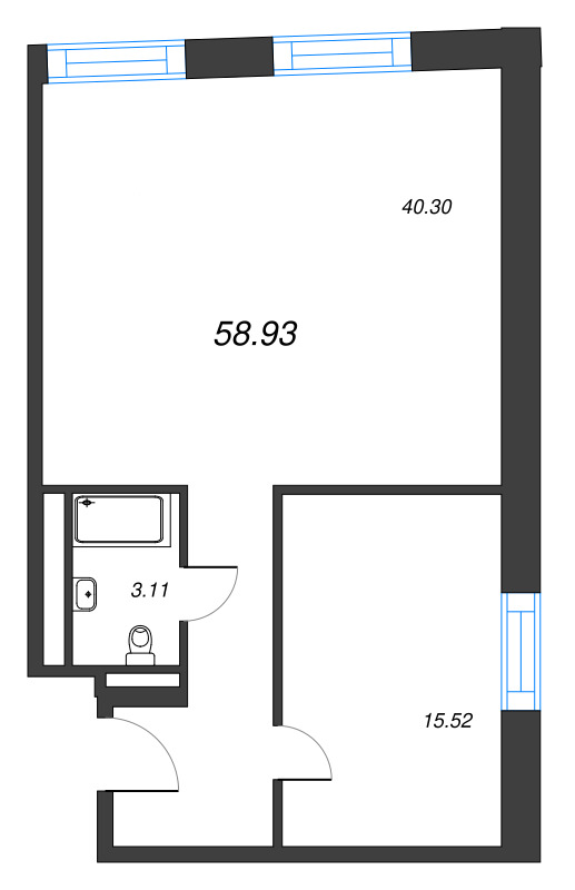 2-комнатная (Евро) квартира, 58.93 м² в ЖК "YE’S Leader" - планировка, фото №1