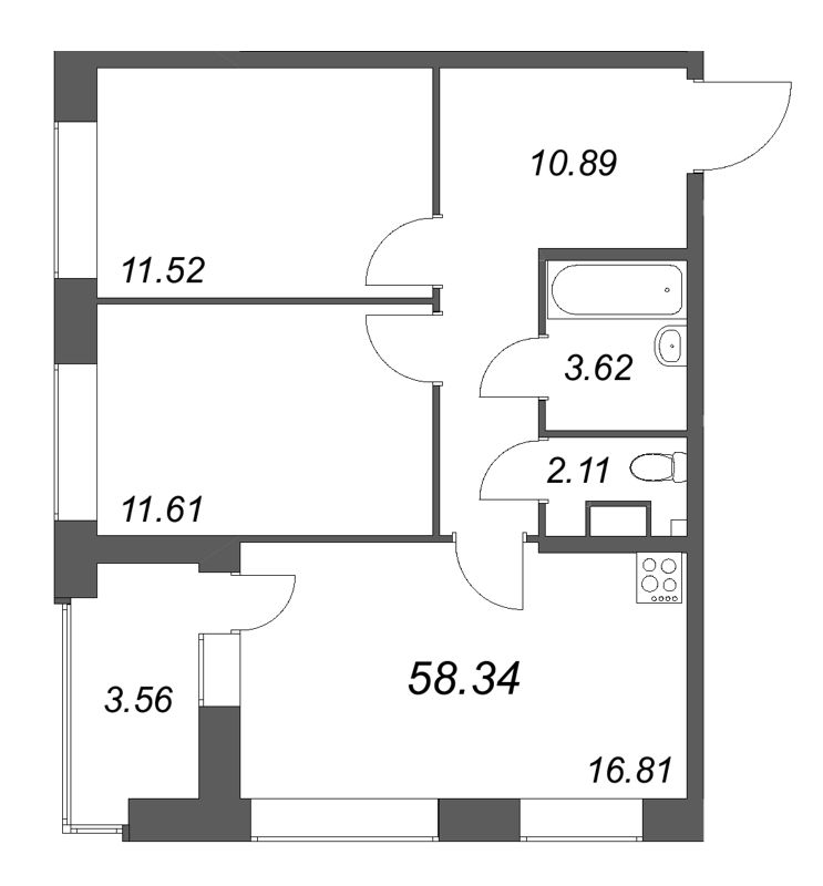 3-комнатная (Евро) квартира, 58.34 м² в ЖК "Аквилон Солар Парк" - планировка, фото №1
