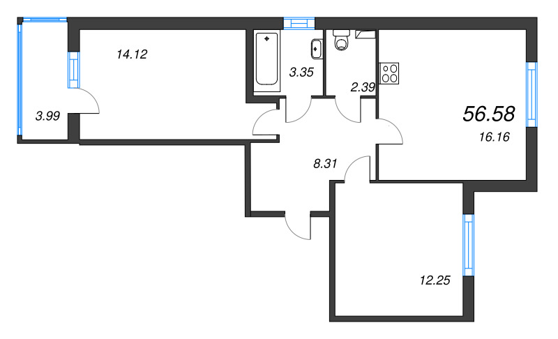 3-комнатная (Евро) квартира, 56.58 м² - планировка, фото №1